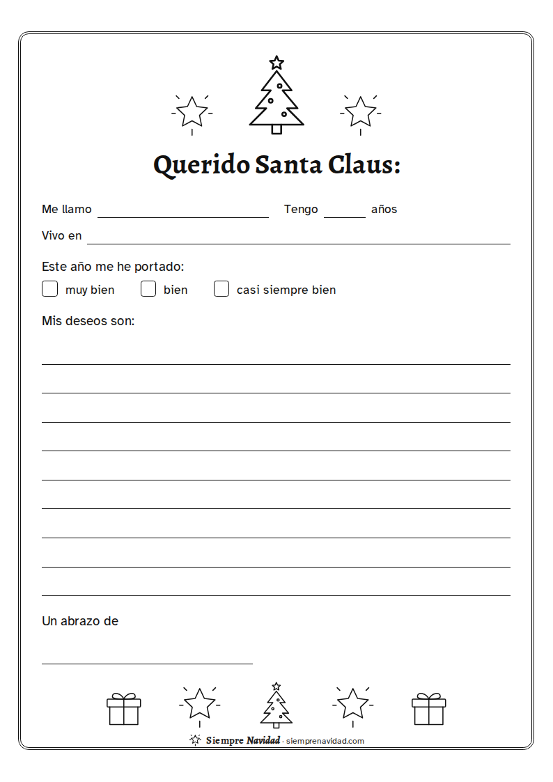 Carta a Santa Claus clásica, con renglones y casillas para marcar cómo te has portado