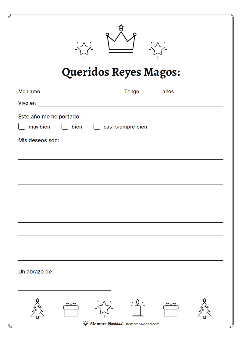 Carta a los Reyes Magos clásica, con renglones y casillas para marcar cómo te has portado