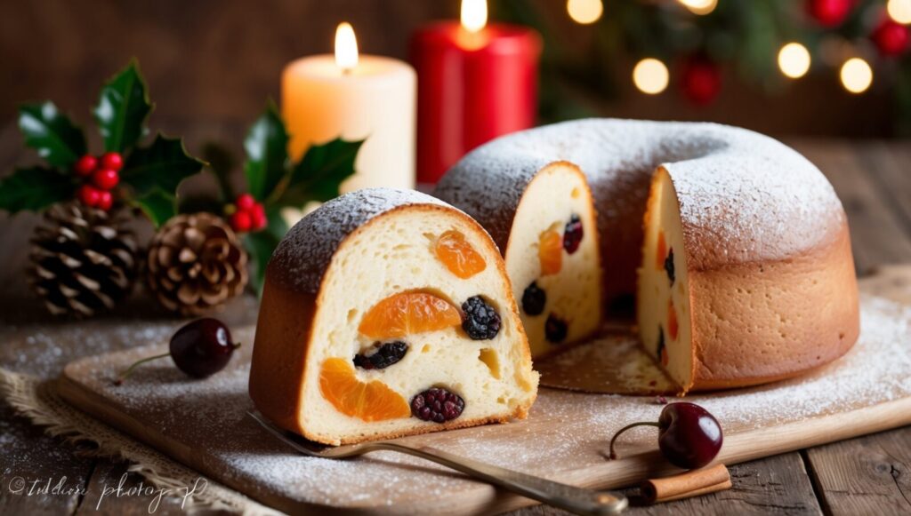 Rosco de frutas navideño con velas y decoraciones.
