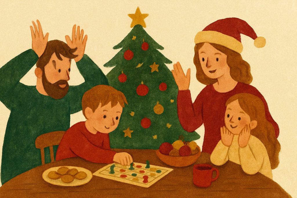 Una familia jugando a juegos de mesa en Navidad