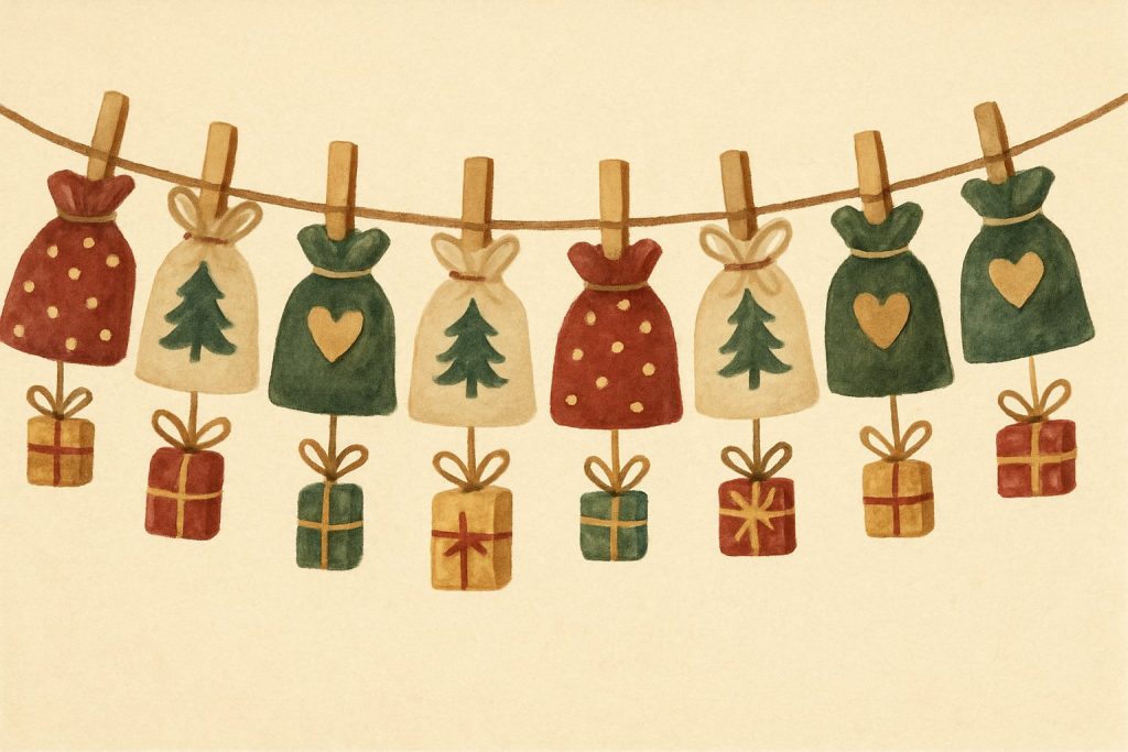 Calendario de Adviento casero con bolsitas de tela colgadas con pinzas