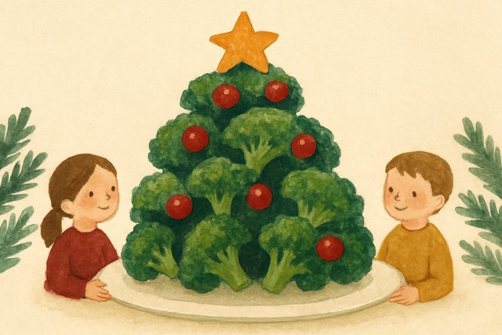 Árbol de Navidad de brócoli con tomates cherry y una estrella de zanahoria