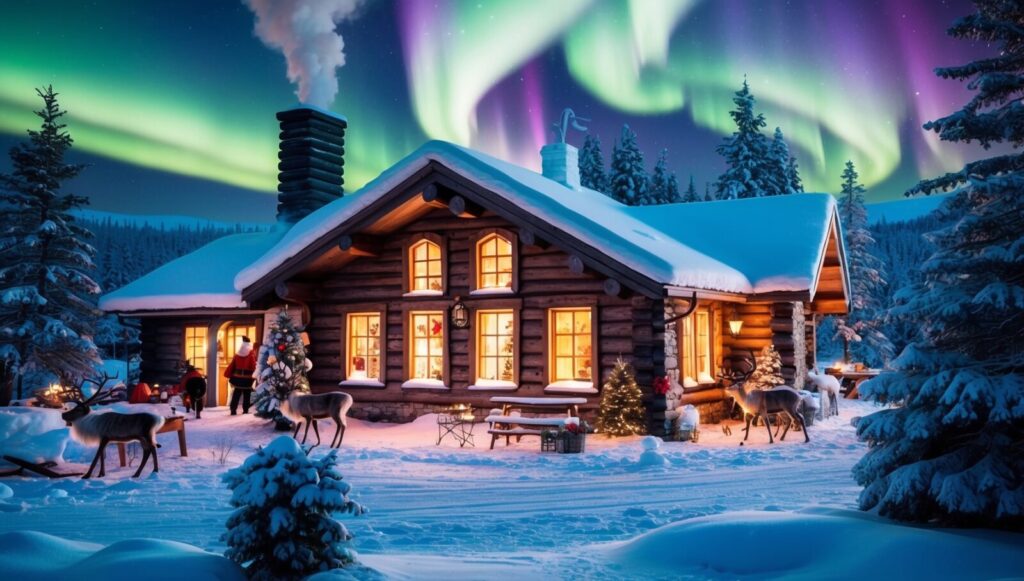 Cabaña navideña con renos y auroras boreales
