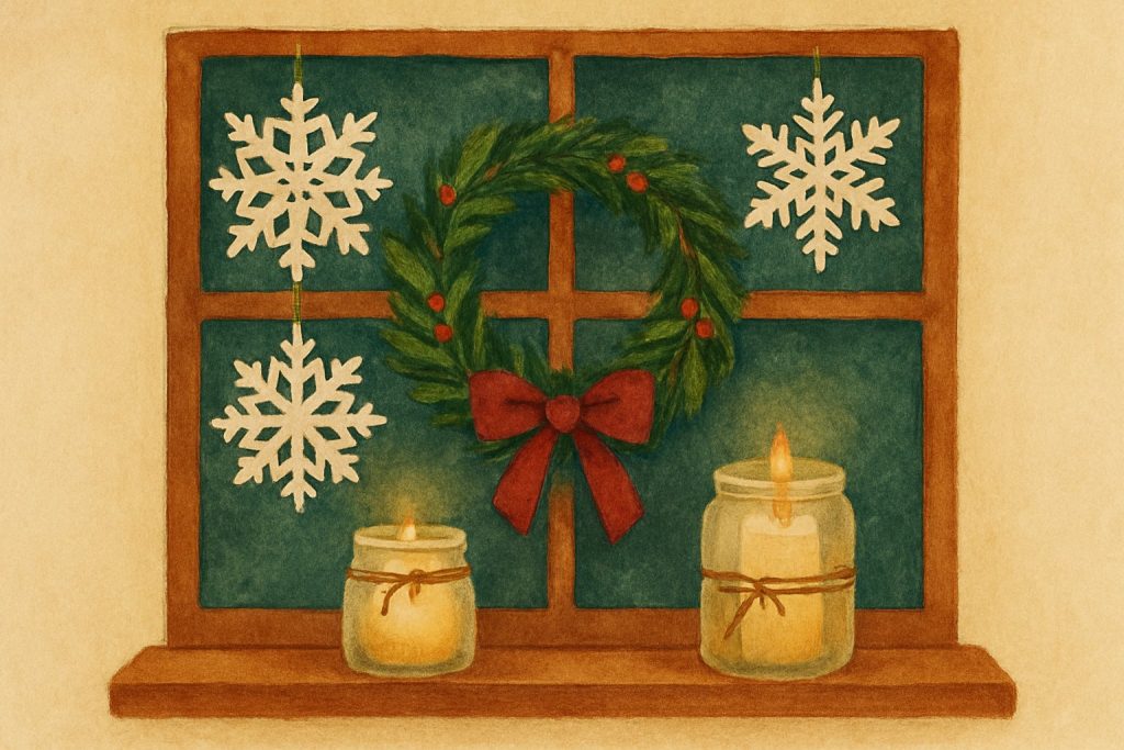Decoración casera de Navidad en una ventana con copos de papel, corona y velas
