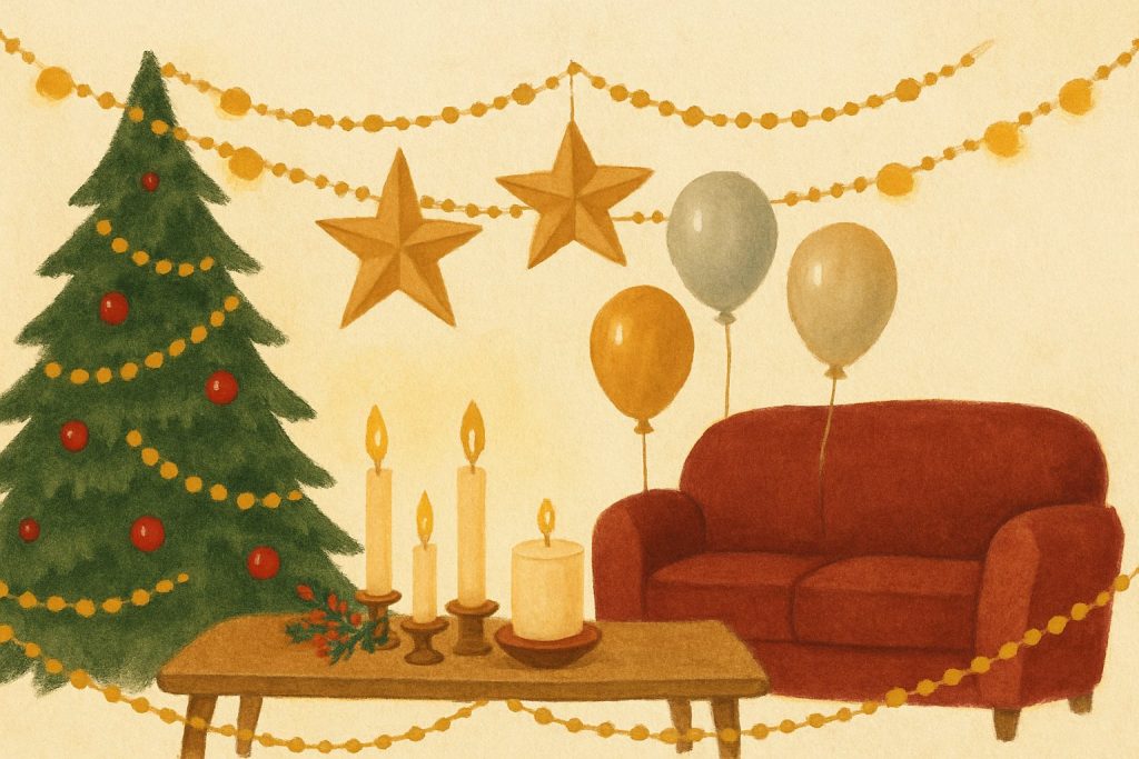 Decoración de fin de año con guirnaldas doradas, estrellas, velas y globos