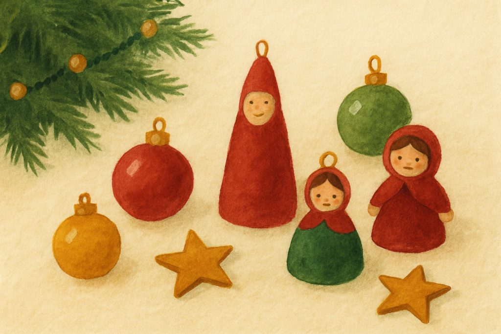 Adornos de Navidad baratos y coloridos junto al árbol: bolas, figuras de fieltro y estrellas