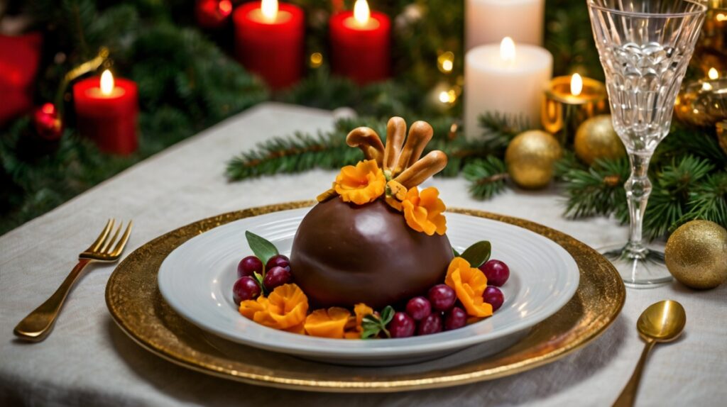 Postre navideño con flores y velas encendidas