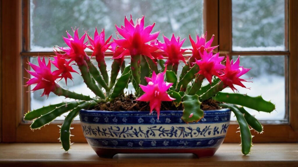 Cactus navideño con flores rosas en maceta decorativa