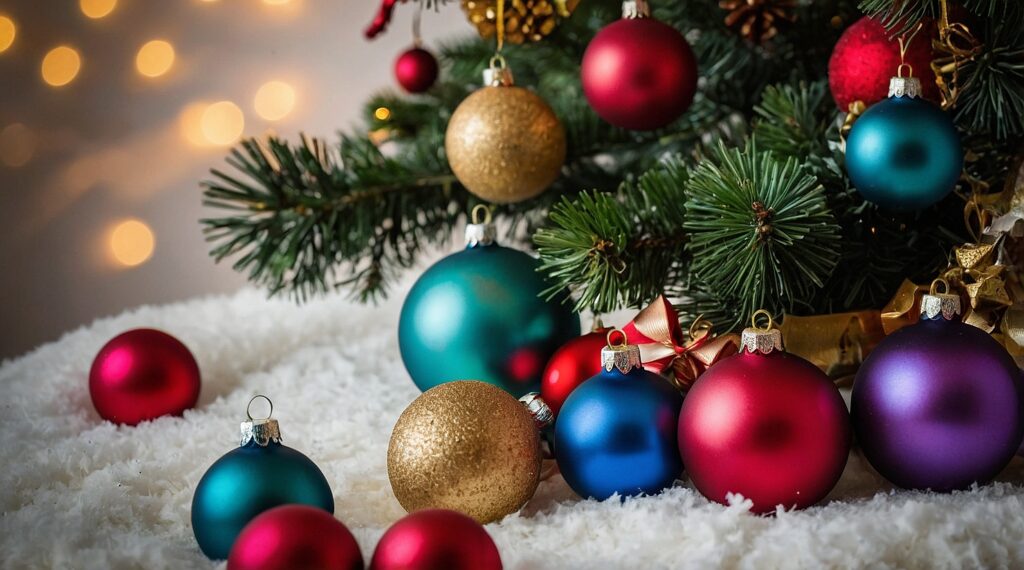Navidad, bolas coloridas en árbol decorado.