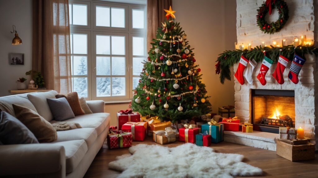 Sala navideña con árbol y chimenea decorada.