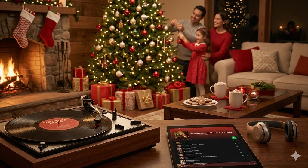 Familia decorando árbol de Navidad con música de fondo en un salón acogedor
