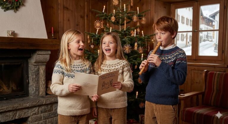 Niños cantando villancicos junto a un árbol de Navidad en una sala acogedora