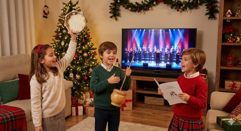 Tres niños cantan villancicos navideños junto a un árbol de Navidad