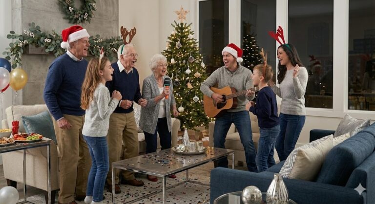 Familia cantando villancicos navideños alrededor del árbol de Navidad