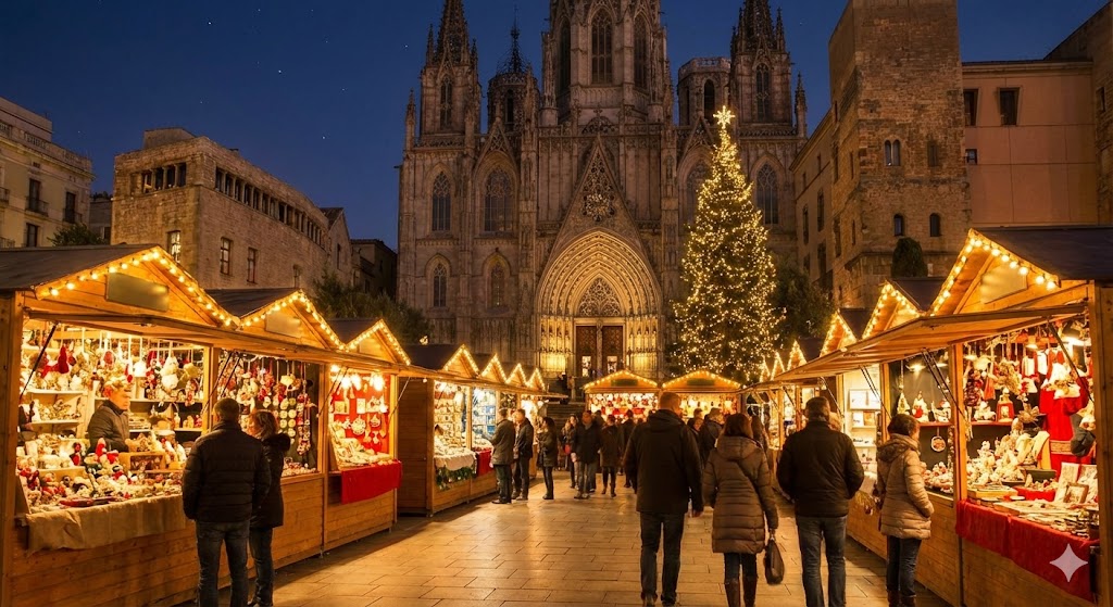 Mercado navideño frente a catedral iluminada de noche.