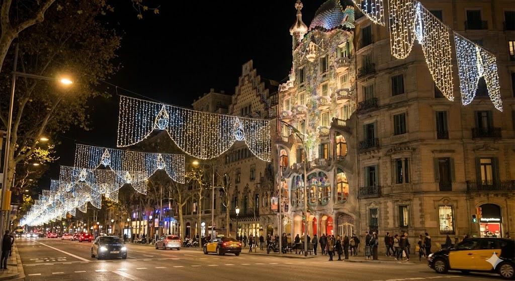 Vista nocturna del Passeig de Gràcia en Barcelona con luces navideñas y edificios modernistas