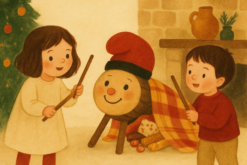 El Tió de Nadal, un tronco sonriente con barretina y manta, y dos niños con palos listos para cantarle