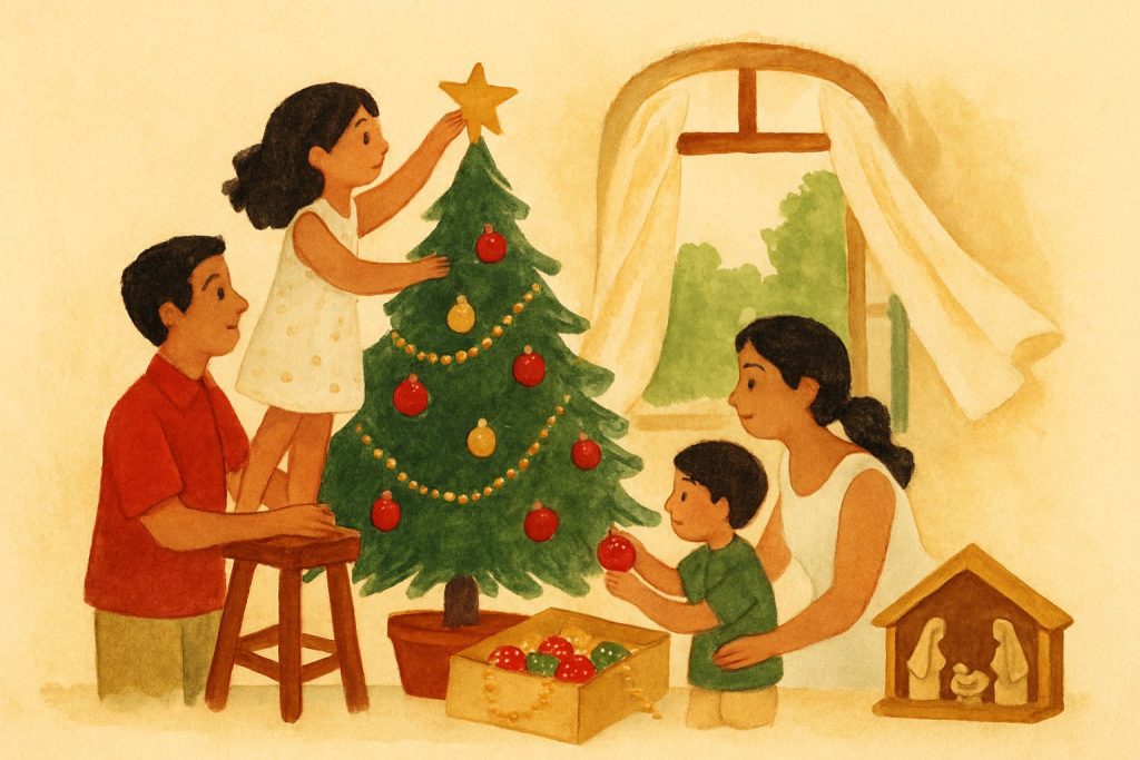 Familia argentina armando el arbolito y el pesebre una tarde de verano, con las ventanas abiertas