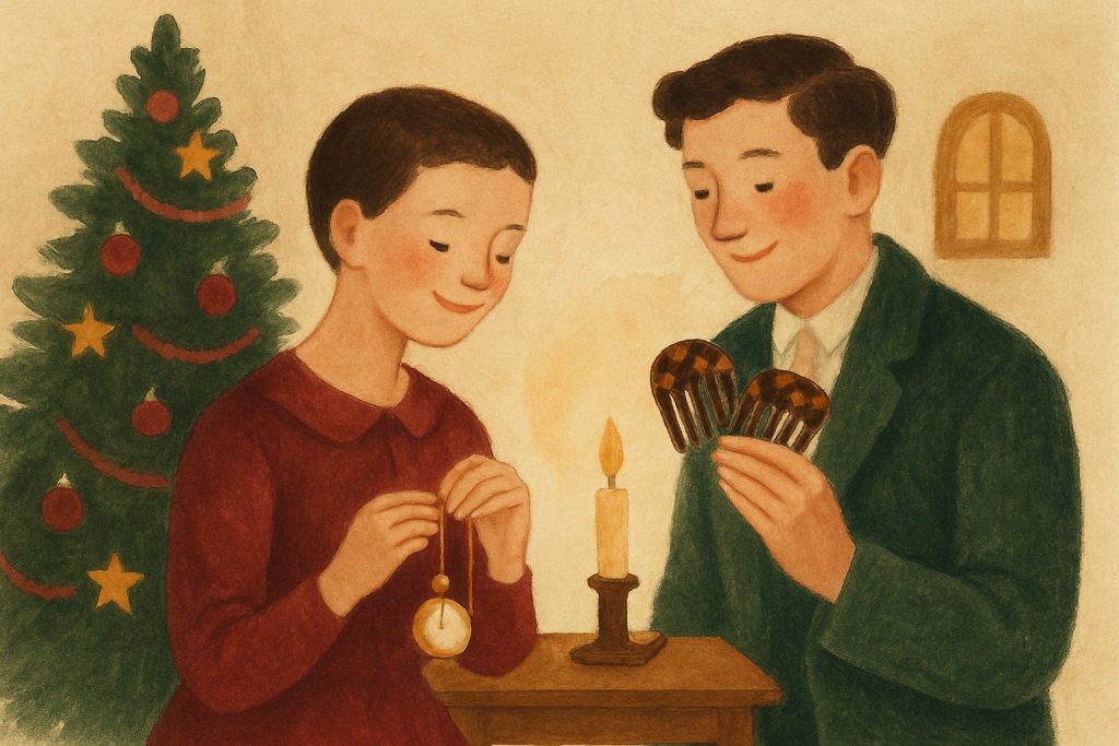 Una pareja joven intercambia regalos en Nochebuena: una cadena de reloj y unas peinetas
