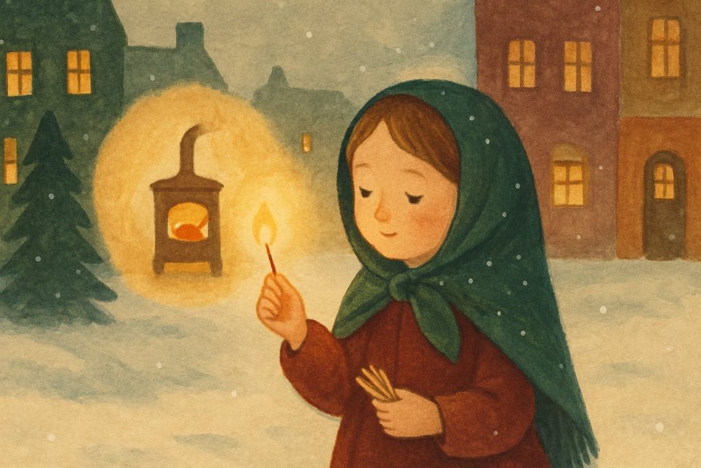 La niña de los fósforos enciende una cerilla en una calle nevada y en su luz ve una estufa caliente