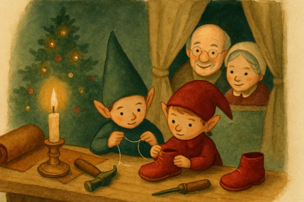 Dos duendecillos cosiendo zapatos de noche en el taller del zapatero, que los mira escondido con su mujer
