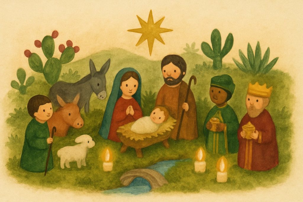 Nacimiento mexicano con el Niño, los pastores y los Reyes Magos entre nopales, magueyes, un puente y un río de musgo