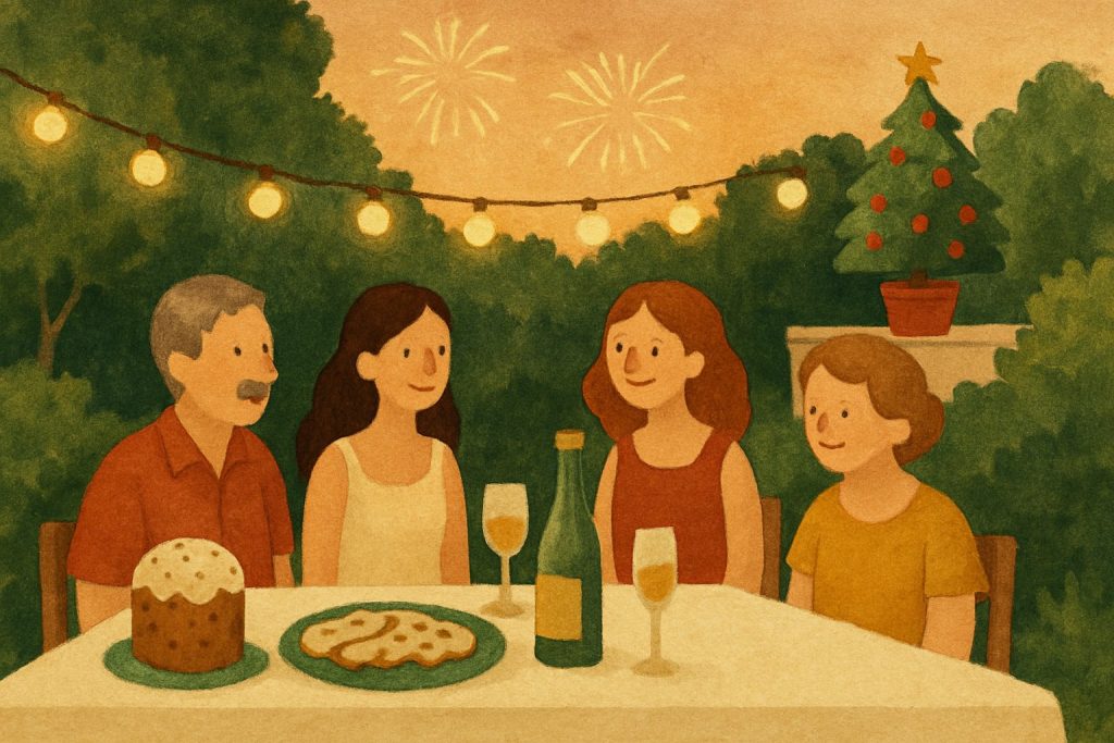 Cena de Nochebuena en un jardín argentino en pleno verano, con vitel toné, pan dulce y fuegos artificiales