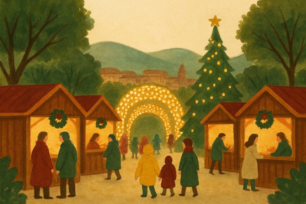 Mercado navideño de casetas en un parque de Bilbao al anochecer, con un túnel de luces y un gran árbol