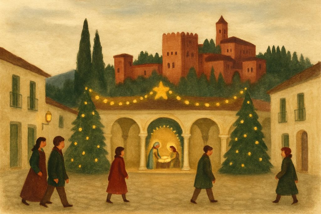 Plaza de Granada con luces de Navidad, un belén en un patio y la Alhambra al fondo