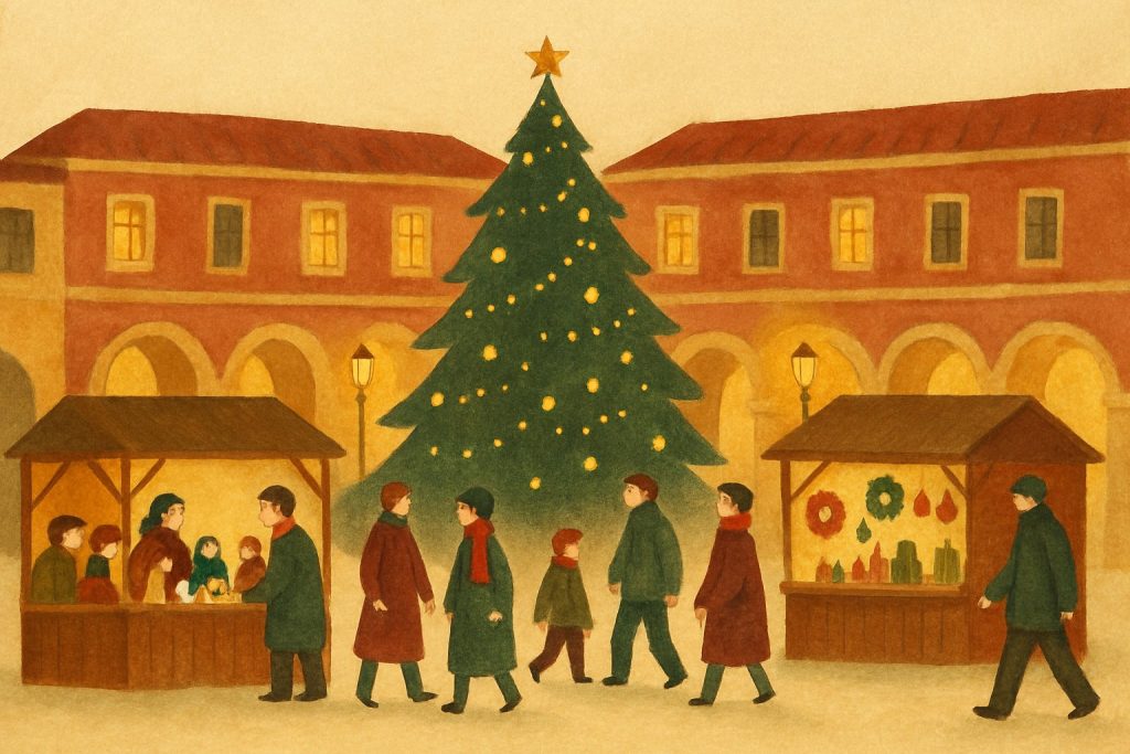 Plaza porticada de Madrid iluminada, con casetas del mercadillo navideño y un gran árbol de luces al anochecer
