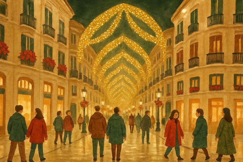 Calle Larios de Málaga cubierta de arcos de luces doradas en una noche de Navidad