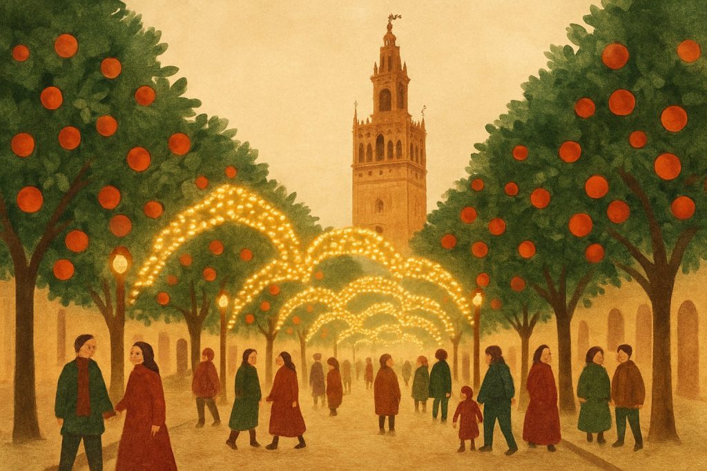 Avenida de Sevilla con arcos de luces doradas, naranjos y la torre de la catedral al fondo