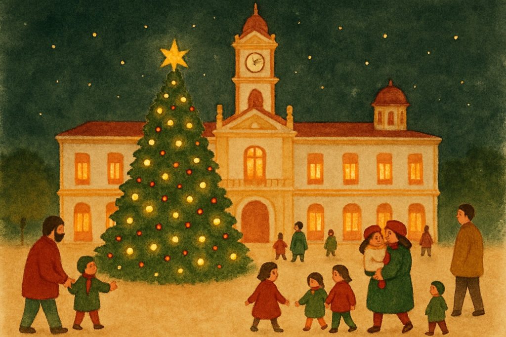 Plaza del Ayuntamiento de Valencia con un gran árbol de luces al anochecer