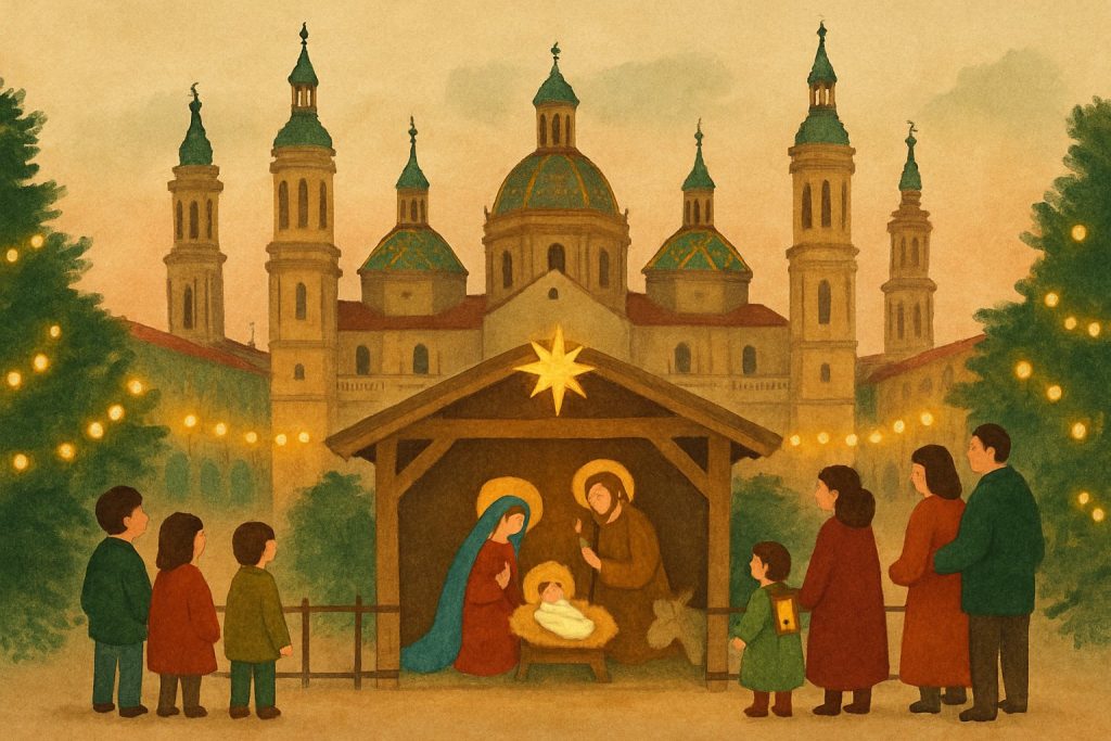 Belén en la Plaza del Pilar de Zaragoza, con la basílica y sus cúpulas al fondo al anochecer
