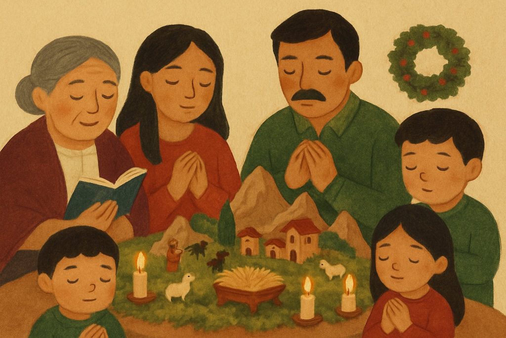 Familia colombiana rezando la novena de aguinaldos junto a un pesebre con musgo y velas