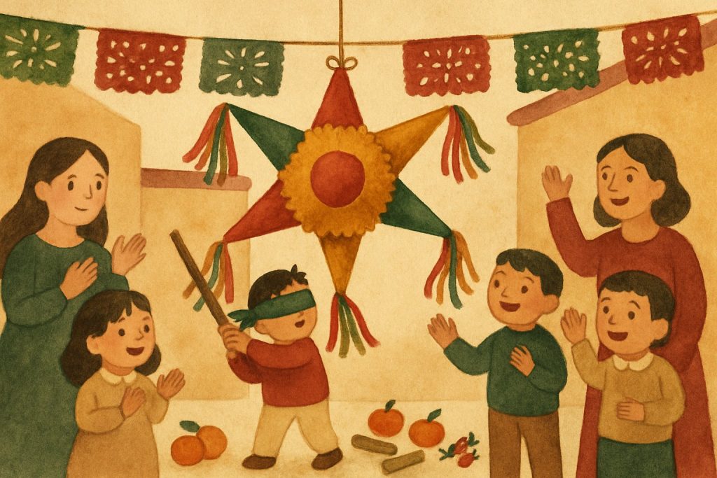 Niño con los ojos vendados golpea una piñata de siete picos mientras los demás lo animan