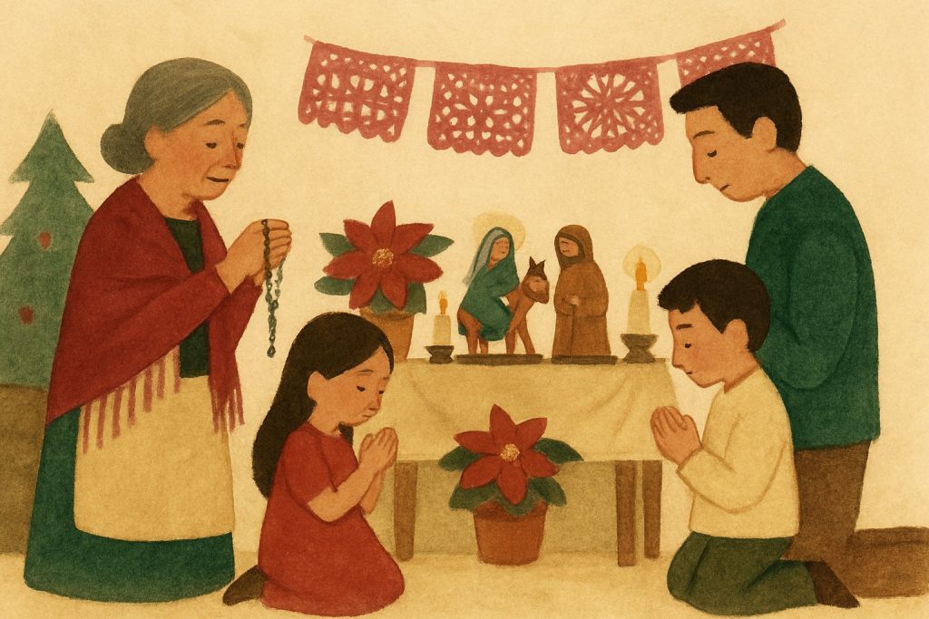 Familia mexicana rezando el rosario de la posada ante un altar con María y José, velas y flores de nochebuena