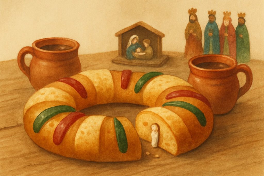 Rosca de Reyes con frutas cristalizadas y una porción abierta que deja ver el muñequito, junto a tazas de chocolate