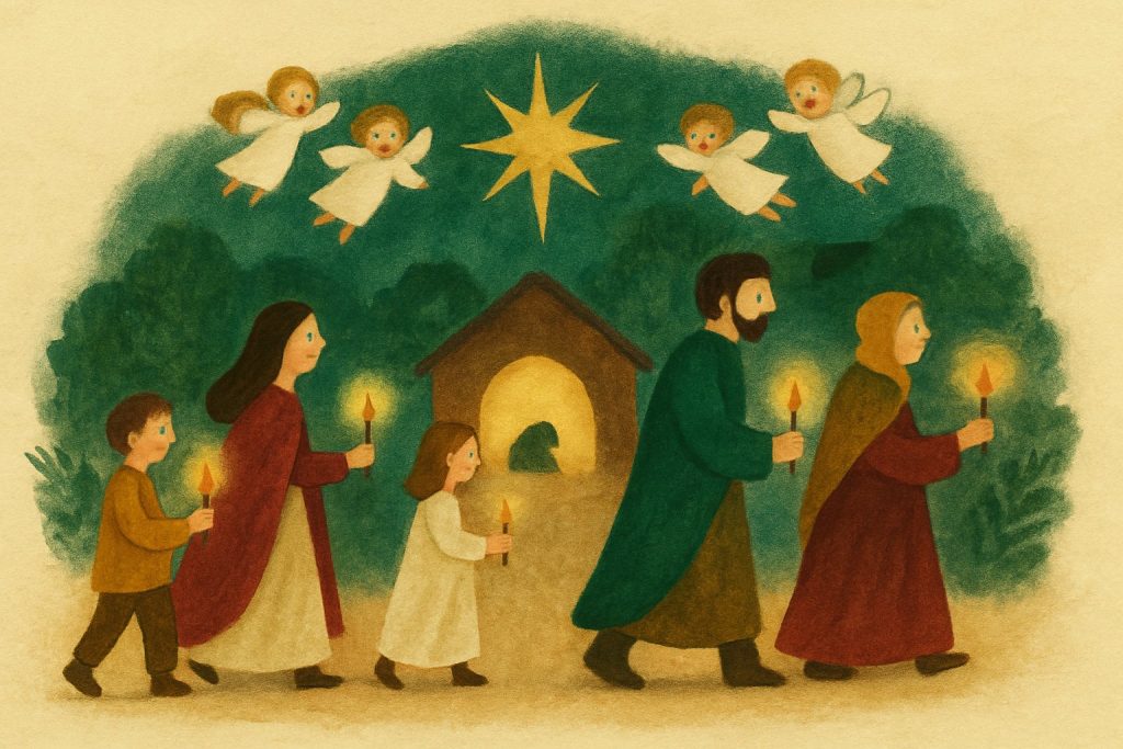 Fieles de todas las edades caminan con velas hacia el portal de Belén bajo la estrella