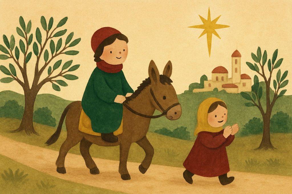 Un niño montado en un borriquito camino de Belén, entre olivos y con la estrella en el cielo
