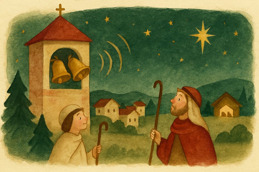 Campanas tocando en un campanario sobre el pueblo, con pastores y la estrella de Belén