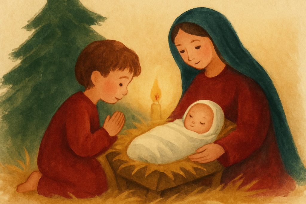 Un niño arrodillado junto al pesebre mira al Niño Jesús envuelto en pañales
