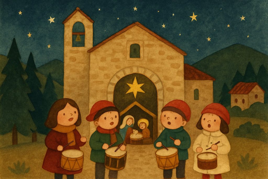 Niños cantando y tocando tambores ante una iglesia de piedra en un pueblo de montaña, en Navidad