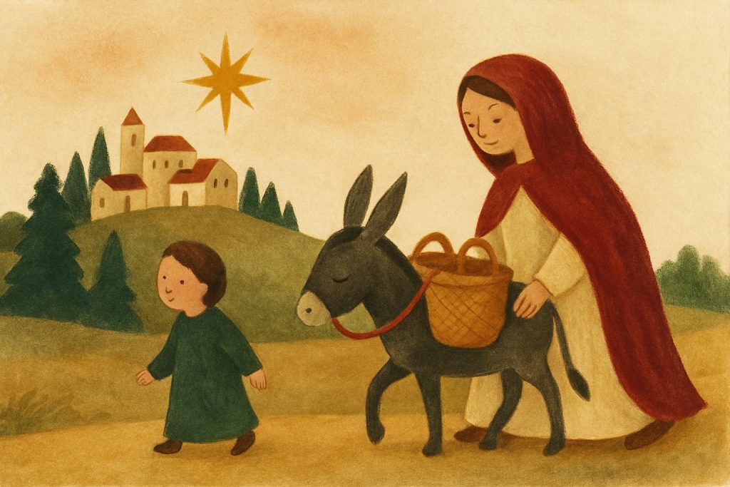 Una burrita cargada camino de Belén al atardecer, con el pueblo y la estrella al fondo
