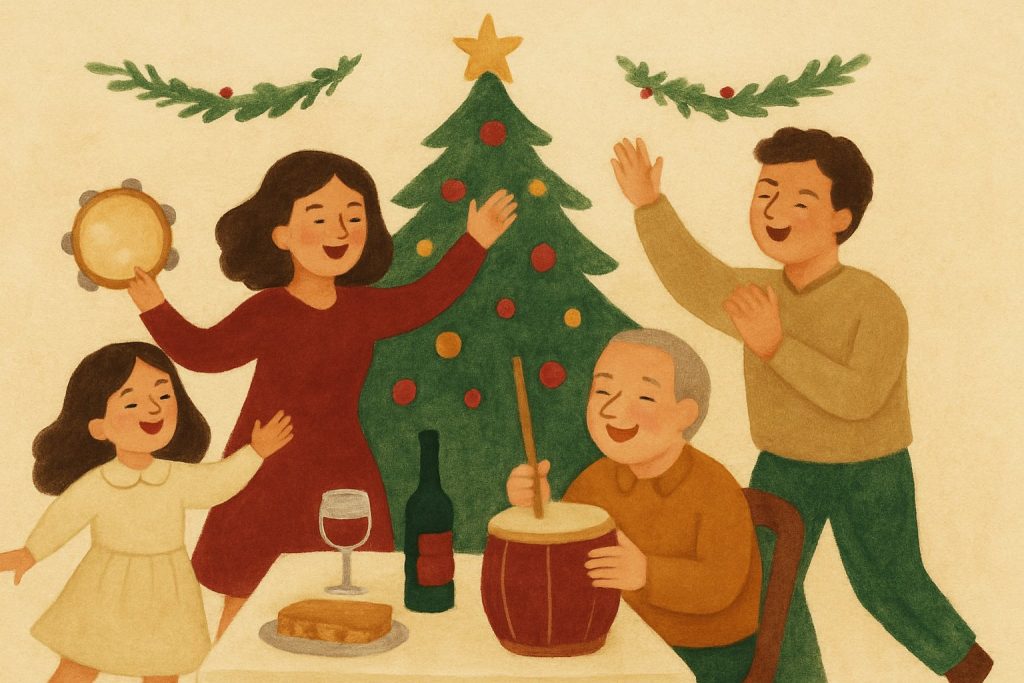 Una familia cantando y bailando en Nochebuena con pandereta y zambomba alrededor de la mesa