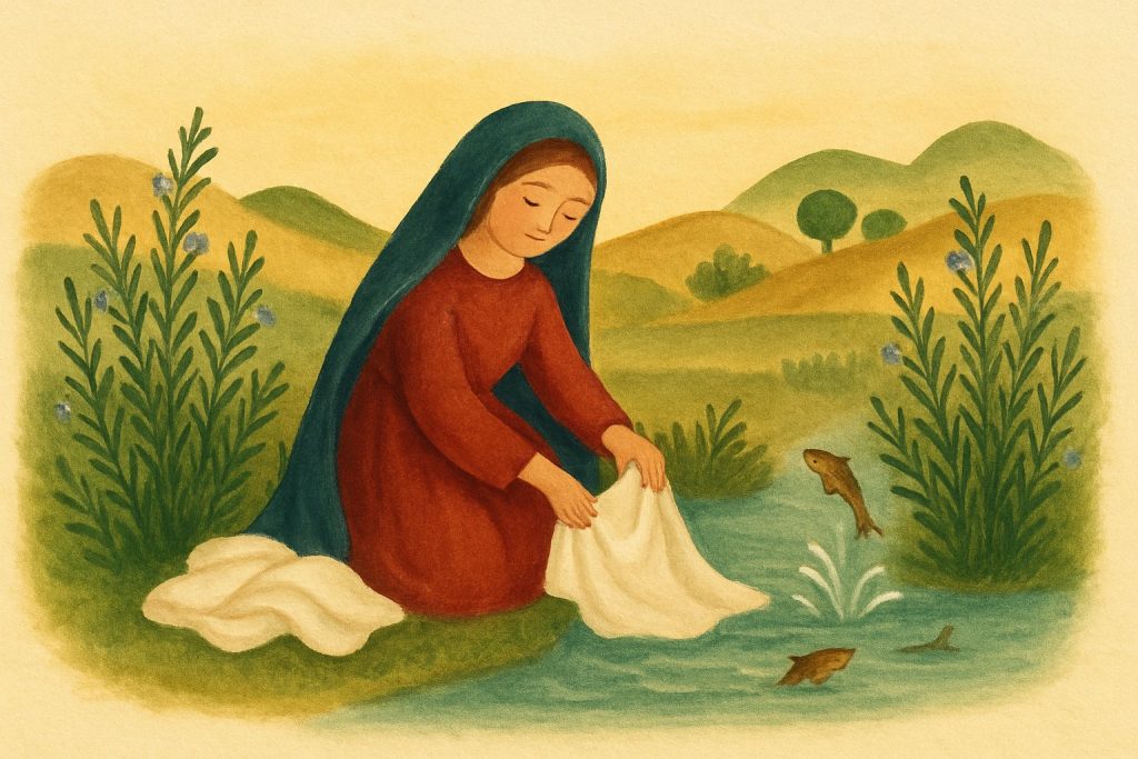 La Virgen lavando pañales en el río entre romeros, con los peces saltando del agua